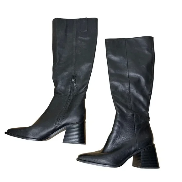 Sam Edelman Wade Boots Women's 8 Black Leather Square Toe Block Heel Knee High - Picture 3 of 13